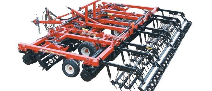 The McFarlane Incite 5000 tillage tool has a gang of adjustable Incizor discs at the front, followed by a unique cutting reel.  The third row is another gang of adjustable Incizor discs, followed by the three-bar flexible tooth harrow and the rolling basket with eight flat bars.   |  McFarlane Manufacturing photo