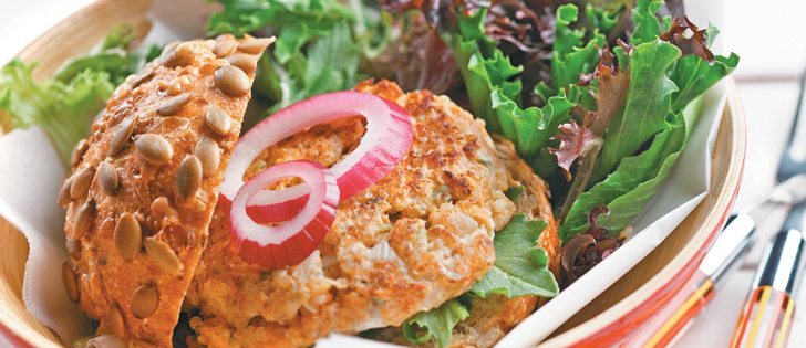 These patties are delicious, simple and healthy. Enjoy them accompanied by grilled vegetables, on whole grain rolls or made into 16 mini-patties for an easy appetizer. | Canolainfo.org photo