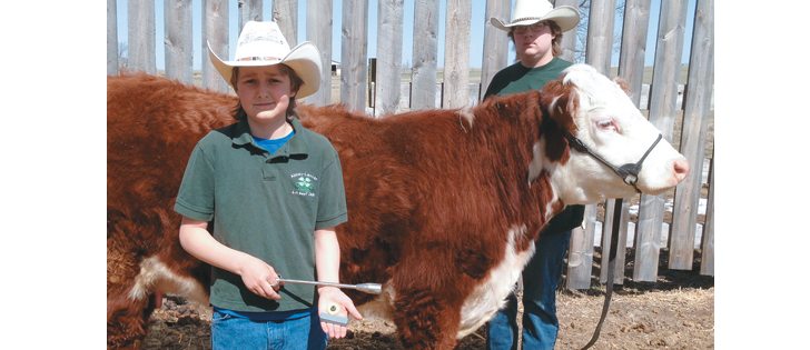 Tanner Heller-Ginter, back, and Calin Heller-Ginter show off their club’s 4-H Canada Science and Technology contest winning idea. The Abbey-Lancer 4-H Beef Club members will attach an ear tag to a magnet and use a bolus gun to get it into the cow. The magnet weight will keep it in the stomach where it will remain throughout the cow’s life.  |   Pam Heller photo