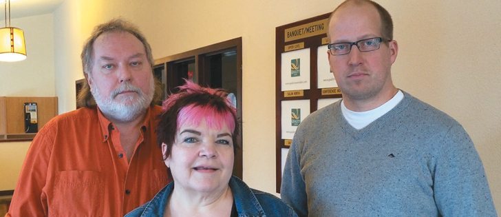 Randy Slagar, left, Char Slagar and Myles Thorpe travelled to southern Manitoba to talk with farmers and drainage businesses about how to achieve environmentally sensitive drainage.  |  Ed White photo