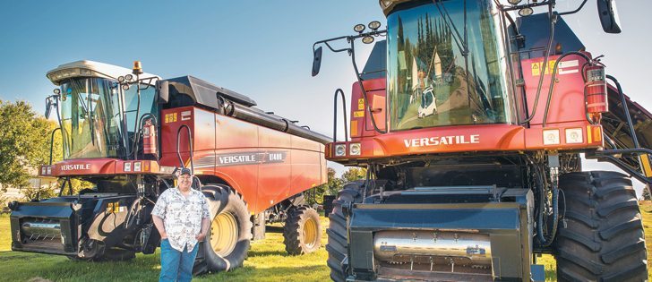Kevin Horner wanted a large, Class 9 combine that is simple in design and maintenance. He says the Versatile RT490 was the only such combine on the market so he bought two of the unique, rotating concave machines.  |  Versatile photo
