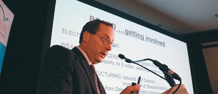 Outgoing Manitoba Pork Council chair Karl Kynoch spoke at the organization’s annual meeting April 15.
|  Robert Arnason photo