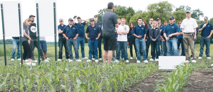 Monsanto is testing the viability of early maturing corn hybrids for Western Canada, including a site in Oakville, Man. The company hopes to commercialize early varieties and dramatically increase corn acres on the Prairies to eight million by 2025.  |  Robert Arnason photo
