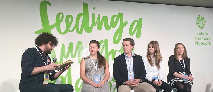 Moderator Simon Pampena, left, and mentor panelists Cassandra Chornoboy, Corbin Schuster, Lexi Salt and Rachel Rodney discussed Youth Ag Summit issues and helped delegates find ways to accomplish their goals.  |  Youth Ag Summit photo