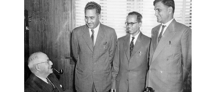 Saskatchewan Wheat Pool president J.H. Wesson, left, visited with M. Ikramullah, Abul Fazal and Mahmud Ahmad Nizami in this undated photo. It’s not known where Wesson’s visitors were from or why they were visiting him.  |  File photo
