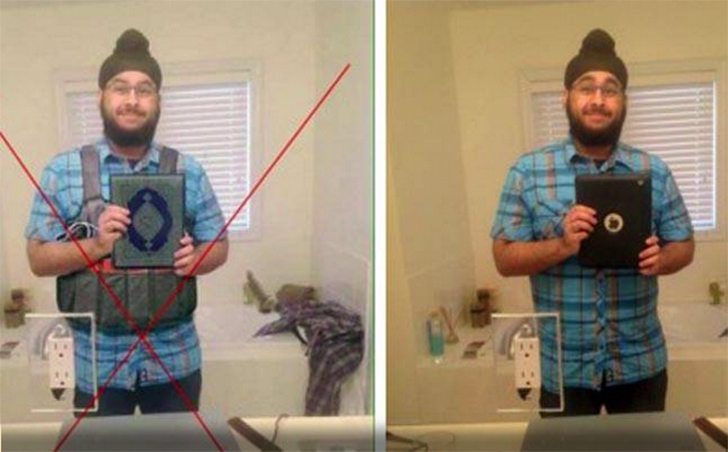 Images can be digitally manipulate easily so reporters have to be careful to verify any images they source online, especially from social media. In the original image on the right Veerender Jubbal, a Sikh Toronto resident takes a selfie with his iPad. The altered image on the left shows Jubbal wearing a suicide vest holding a Qur'an with a sex toy added into the background. | Twitter photo