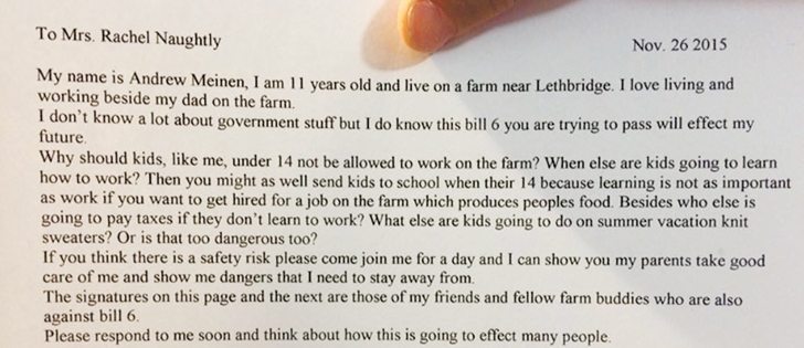 Eleven-year-old Andrew Meinen has started this petition to protest the Alberta government’s Bill 6.  |  Meinen family photo