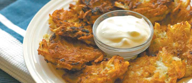 Potato latkes can be served with sour cream or apple sauce.  |  Sarah Galvin photo