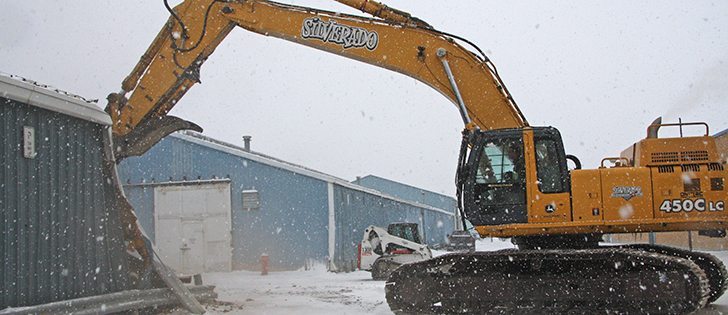 Barn 9 is the first to come down at Evraz Place in Regina. Fourteen buildings will be demolished in phases to accommodate construction of a new International Trade Centre. | Karen Briere photo