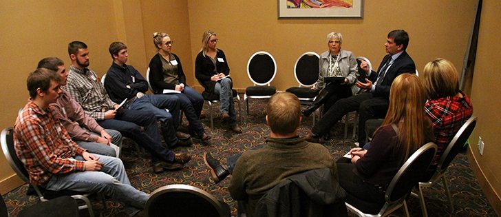 Olds College students take part in a bear pit session with Alberta agriculture minister Oneil Carlier during the Alberta Federation of Agriculture meeting in Red Deer. | Mary Macarthur photo
