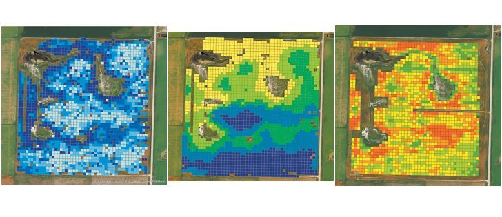 The most valuable data layers are those with the highest correlation.  Shown here are electrical conductivity, left, topography and yield maps of the same field.  |  Lewis Baarda/Farming Smarter photo