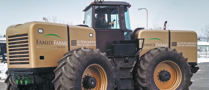 Affectionately named Big Jim by ATC engineers, this eDrive converted JD 8760 now has two diesel engines and two generators that power the drive motor at each wheel. The diesel/electric system allows precise control of the four drive tires.  |  ATC photo