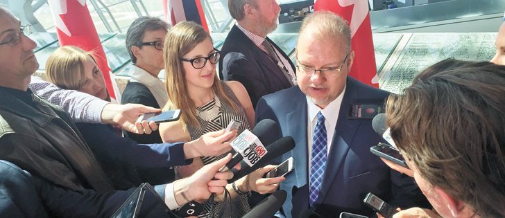 Kelvin Goertzen addresses the media after he was sworn in as Manitoba’s new Health Minister last week.
|  Ed White photo