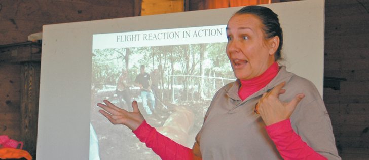 Rebecca Gimenez, president of Technical Large Animal Emergency Rescue Training, addresses a workshop in Twin Butte, Alta. An animated speaker, Gimenez provides instruction to firefighters and first responders on getting large animals out of trouble spots. | Barb Glen photo
