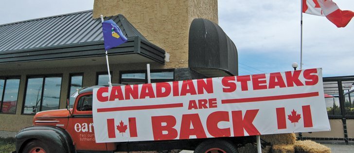 The Earls restaurant in Lethbridge, which is the heart of Canada’s cattle feeding industry, was quick to publicize the return of Alberta beef to its menu.  |  Barb Glen photo