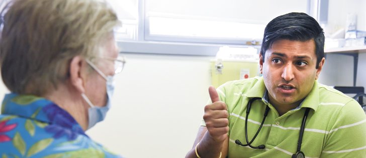 Dr. Paul Dhillon examines Phyllis Schweigert of Eatonia, Sask., during a visit to the Leader Primary Health Care Site in March 2015.  |  File photo