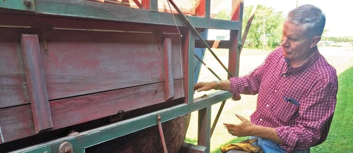 Helmut Neufeld has prepared several wooden threshing machines for the Harvesting Hope fundraising event in Austin, Man., July 31.  |  Ed White photo