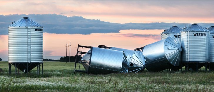 More weather on the way. A powerful thunderstorm rolled through Davidson, Saskatchewan on the July long weekend, leaving the local Co-op with a few heavily discounted bins for sale.  |  Michael Raine photo