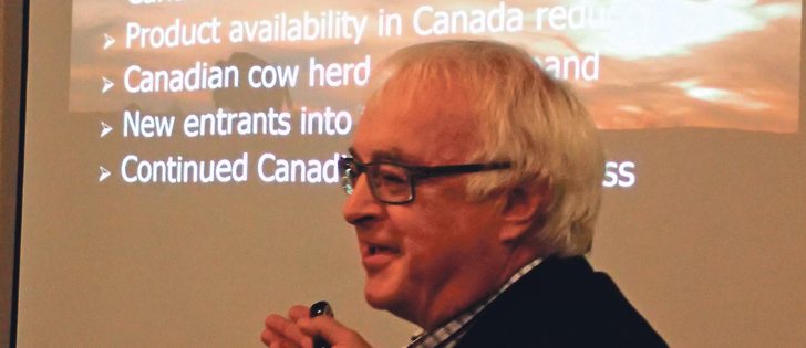 Terry Kremeniuk, executive director of the Canadian Bison Association, discusses the outlook for the bison industry during the Peace Region meeting in Grande Prairie, Alta.  |  Barb Glen photo