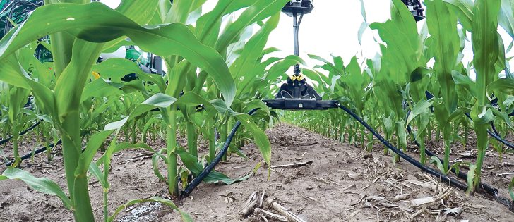 The Y-Drop positions itself between the crop rows. Dave Mulder says the ability to put liquid fertilizer directly into the root zone without damaging those roots is a major breakthrough for corn growers.  |  Ron Lyseng photo