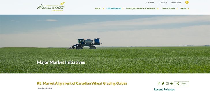 In a Nov. 17 news release, the AWC says the Canadian wheat grading system needs to be reformed to "improve long-term profitability for farmers." | Screencap via www.albertawheat.com