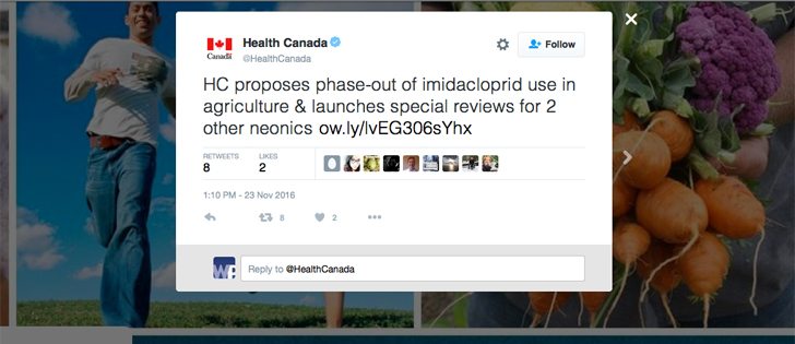 The federal government has begun the process required to ban all uses of imidacloprid in Canada. | Screencap via Twitter/@HealthCanada