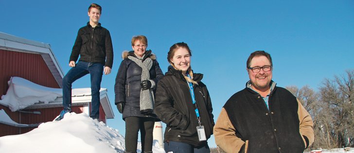 The Penner family of Argyle, Man., try to stay optimistic, even on frigid January days. The Penners, Cal and Cathy, with Nikki and Eric, run a 550 hog operation and have 1,200 acres of cropland. In 2016, they were recognized as the Red River Exhibition Association farm family of the year. |  Robert Arnason photo