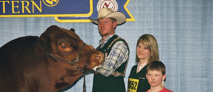 Rodney and Tanya Hollman and their son, Wacey, won the grand champion Gelbvieh bull award at the National Western Stock Show in Denver, Colorado, Jan. 10. The bull, which was born in May 2015, is owned with Fladeland Livestock of Gladmar, Sask. | Barbara Duckworth photo