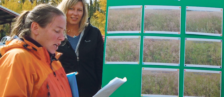Catherine Tarasoff of Agrowest Consulting, left, and British Columbia Forage Council manager Sheri Schweb explain photos of farmer Jon Solecki’s forage trial results near Grassy Plains, B.C. The trials were part of a research project initiated by the council and the B.C. agriculture ministry.  |  Chris Yates photo