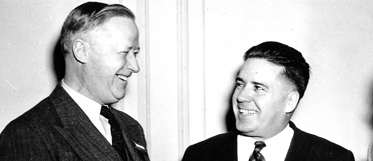 W.J. Parker, left, president of Manitoba Pool Elevators and vice-president of the Canadian Federation of Agriculture, CFA president H.H. Hannam and CFA secretary Colin Groff shared a moment at the 1951 CFA convention.  |  File photo