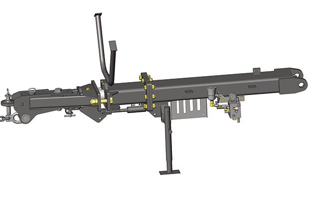 Bourgault used an automatic surge sensing brake activation system that triggers the dual callipers on the axles if the cart catches up to and nudges the tractor.  The cylinder has two inches of travel to supply oil and pressure.  |  Bourgault image