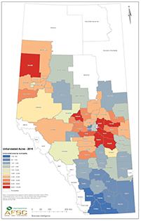 Alberta unharvested acres by municipality. Source: AFSC