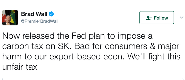 Saskatchewan premier Brad Wall says the province will take Ottawa to court if it imposes a carbon-pricing plan. | Screencap via Twitter / @PremierBradWall