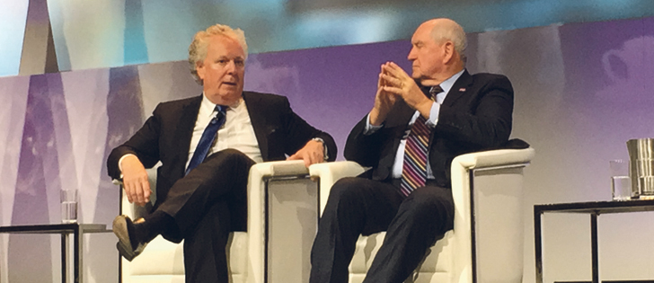 Newly appointed U.S. Secretary of Agriculture Sonny Perdue, right, was warmly received at the Southeastern United States-Canadian Provinces Alliance conference June 5. He and former Quebec premier Jean Charest held a “fireside chat” about the formation of the group, which was designed to bring together governors, premiers, government officials and businesses from six states and six provinces to spur trade and investment between the two regions. |  Ed White photo