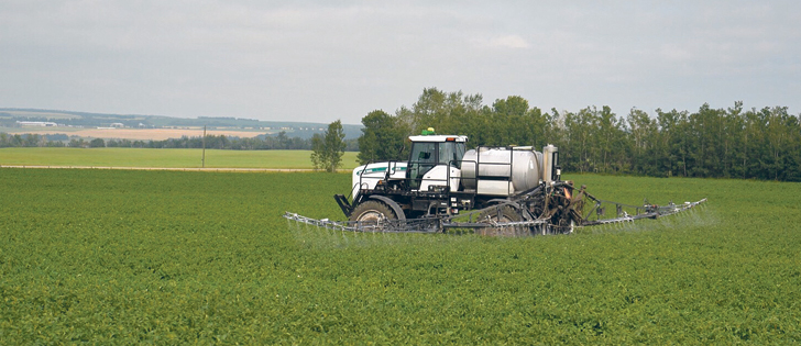 Albert Ypma sprays a late blight fungicide on a 380 acre field of Russet Burbank seed potatoes near Lacombe, Alta., Aug 7. Blight is less prevalent this year because of the dry weather in central Alberta. Ypma’s crop is expected to produce an average yield. | Maria Johnson photo