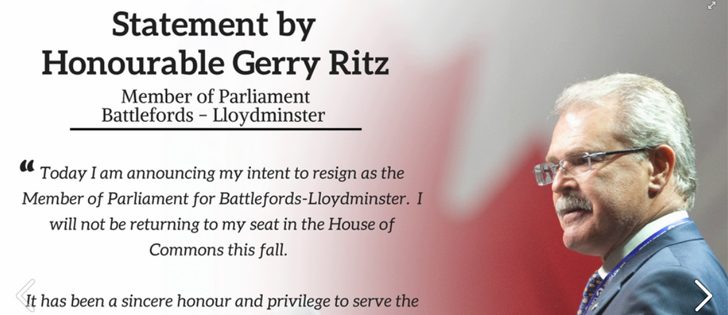 Former Conservative agriculture minister Gerry Ritz has announced his resignation. | Screencap via Facebook.com/gerryritzmp/