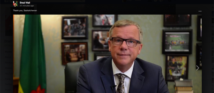 Sask. premier Brad Wall announced his retirement via Facebook Live earlier this morning. Wall says he will remain premier until his party can elect a new leader. | Screencap via facebook.com/PremierBradWall/
