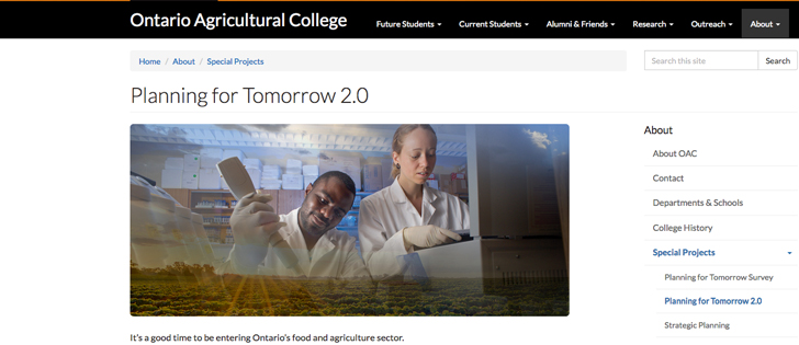 Students at the University of Guelph's Ontario Agricultural College should have no trouble finding a job because there are four jobs in Ontario for every OAC graduate. | Screencap via www.uoguelph.ca
