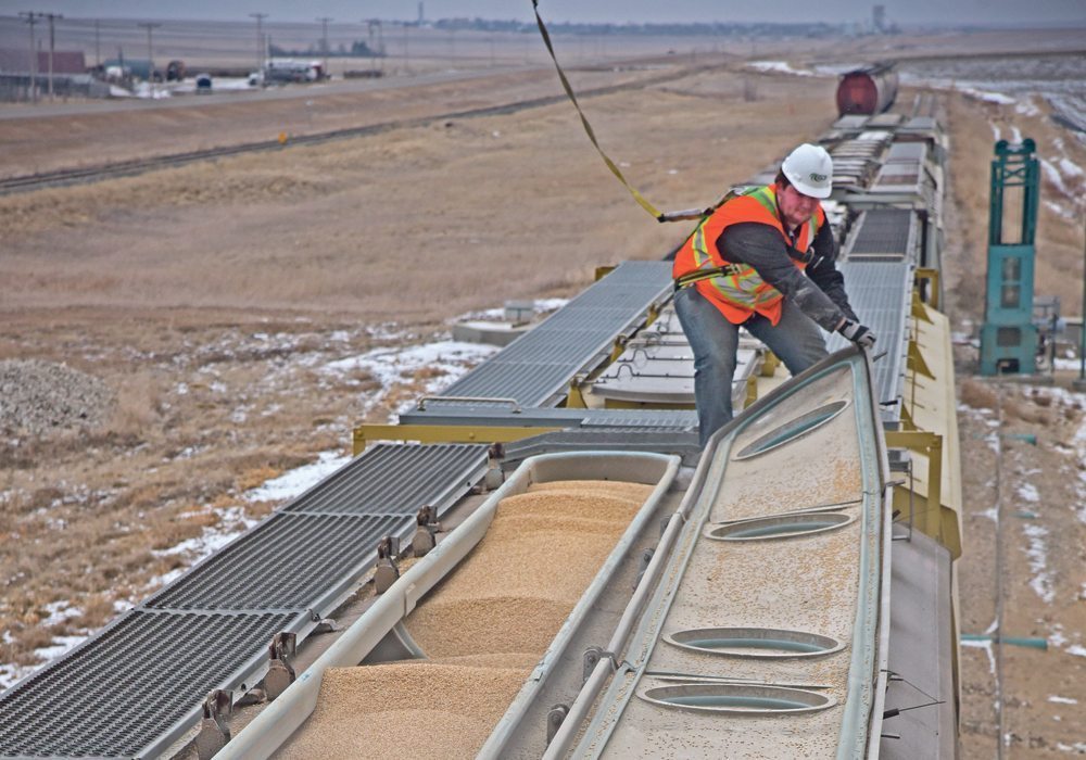 The latest country elevators like this G3 terminal at Leader, Sask., with looped tracks, coupled with new high capacity hopper cars and longer trains, are designed to move more grain rapidly to port.  |  File photo