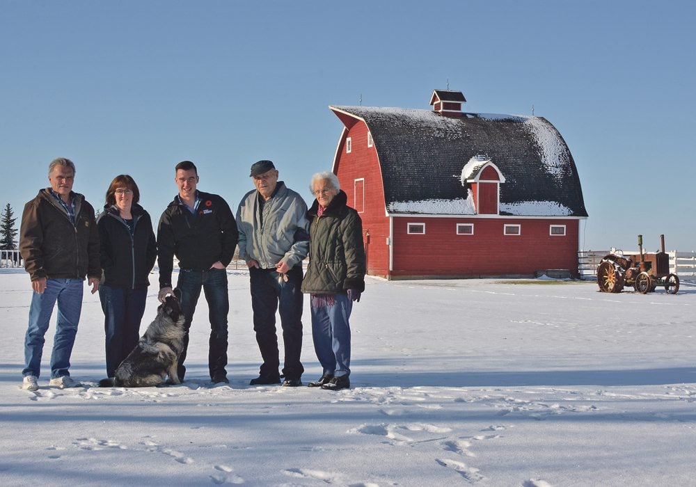 Nicholas, left, Colleen, Keegan, Nick and Anne Milkovich represent three generations on their farm near Rycroft, Alta. |  Jeremy Simes photo