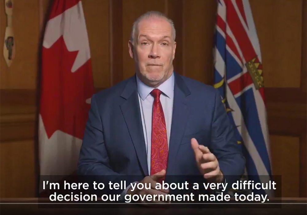 Premier John Horgan announced today that the government will continue to construct Site C, a $10.7-billion project located on the Peace River near Fort St. John, B.C. Farmers and ranchers along the construction route are being forced to leave because once the dam is complete, it will divert the river and flood farmland. | Screencap via Twitter/@jjhorgan