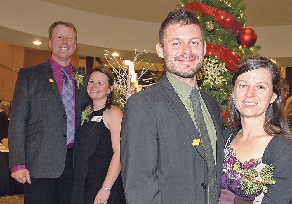 Tannis and Derek Axten of Minton, Sask., left, and Francois Handfield and Veronique Bouchard of Mont Tremblant, Que., were named Canada’s Outstanding Young Farmers national winners Dec. 1 at the group’s annual conference in Penticton, B.C.  |  Karen Morrison photo