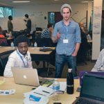 Kulani Zwane, left, Eric Tetland and Ben Lewis comprised one of the four teams participating in this year’s hackathon in Saskatoon. They won the competition with an idea they called CropShot. | William DeKay photo