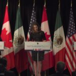 At a press conference in Montreal this morning, U.S. trade representative Robert Lighthizer, right, and federal Foreign Affairs Minister Chrystia Freeland, centre, politely shared their thoughts on the state of ongoing talks to re-negotiate NAFTA. | Screencap via Twitter.com/@CanadaTrade