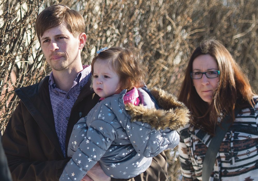 Edouard Maurice and his family leave Provincial Court in Okotoks, Alta., March 9 after he appeared on charges of aggravated assault, pointing a weapon and careless use of a firearm Feb. 24 following an alleged robbery at his rural home. The provincial government announced measures last week that it hopes will combat rural crime in the province. |  Mike Sturk photo