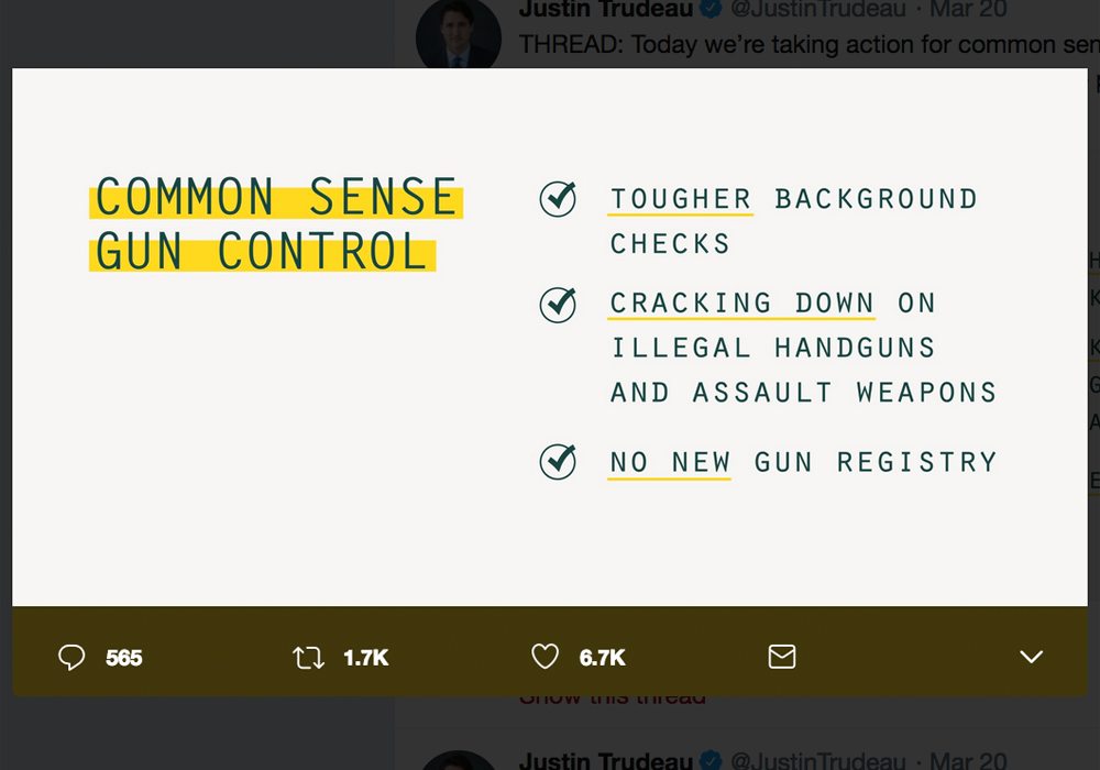 The federal Liberal government has introduced new gun control measures and insists they won't lead to another long gun registry. | Screencap via Twitter/@JustinTrudeau