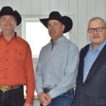Alberta Agriculture Minister Oneil Carlier, left, Jenner, Alta., rancher Brad Osadczuk and federal Agriculture Minister Lawrence MacAulay met March 25 at Osadczuk’s ranch to recognize the end of a bovine tuberculosis investigation that began in 2016. | Barb Glen photo