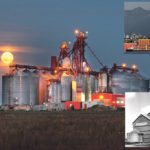 A harvest moon hangs over the Richardson Pioneer grain elevator and service centre in Corrine, Sask., in the summer of 2016. UPPER RIGHT: James Richardson International’s terminal in Vancouver was photographed in 2004. LOWER RIGHT: The company has come a long way from a humbler time, as reflected in the grain elevator at Rosthern, Sask., photographed in 1979. | File photos
