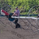 Michael Walter walks his irrigation equipment across one of the vegetable gardens at the Cayley Hutterite colony. | Mike Sturk photo