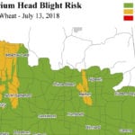 Farmers in northeastern Saskatchewan should stay alert for fusarium head blight, according to the province's forecast map. | Map via saskwheat.ca / weatherinnovations.com